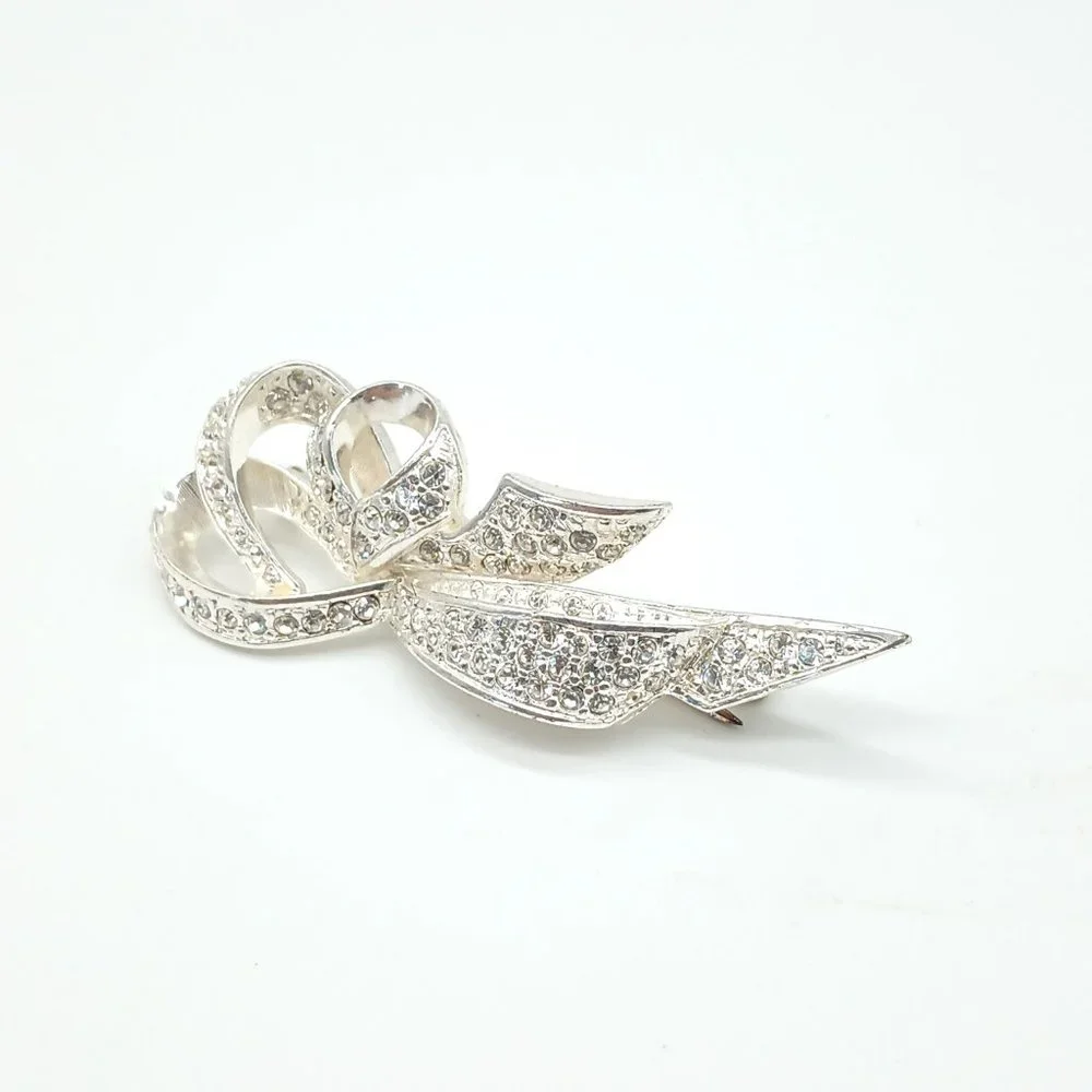 Coro Silver Crystal Ribbon Brooch. Women's Silver Cluster Spray Bow Pin Jewelry